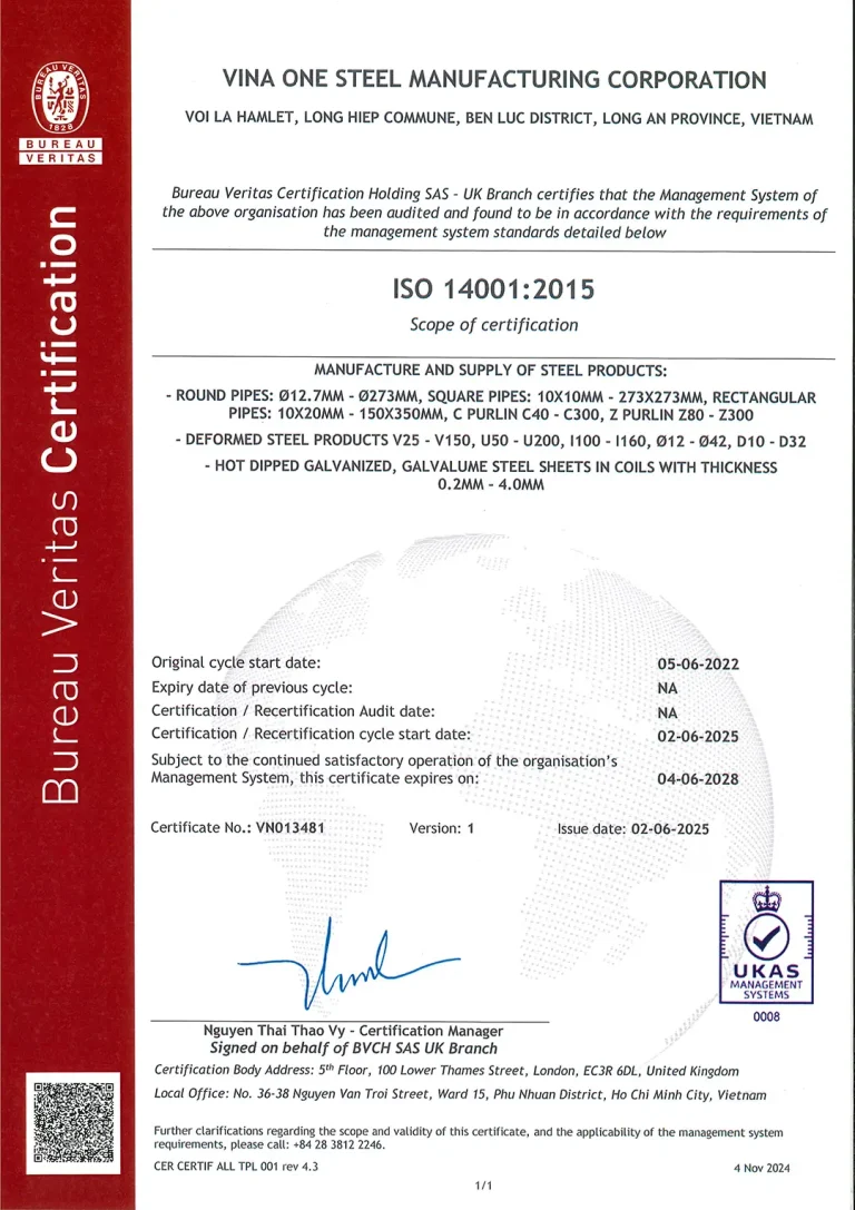 ISO 14001:2015 of Vina One Steel