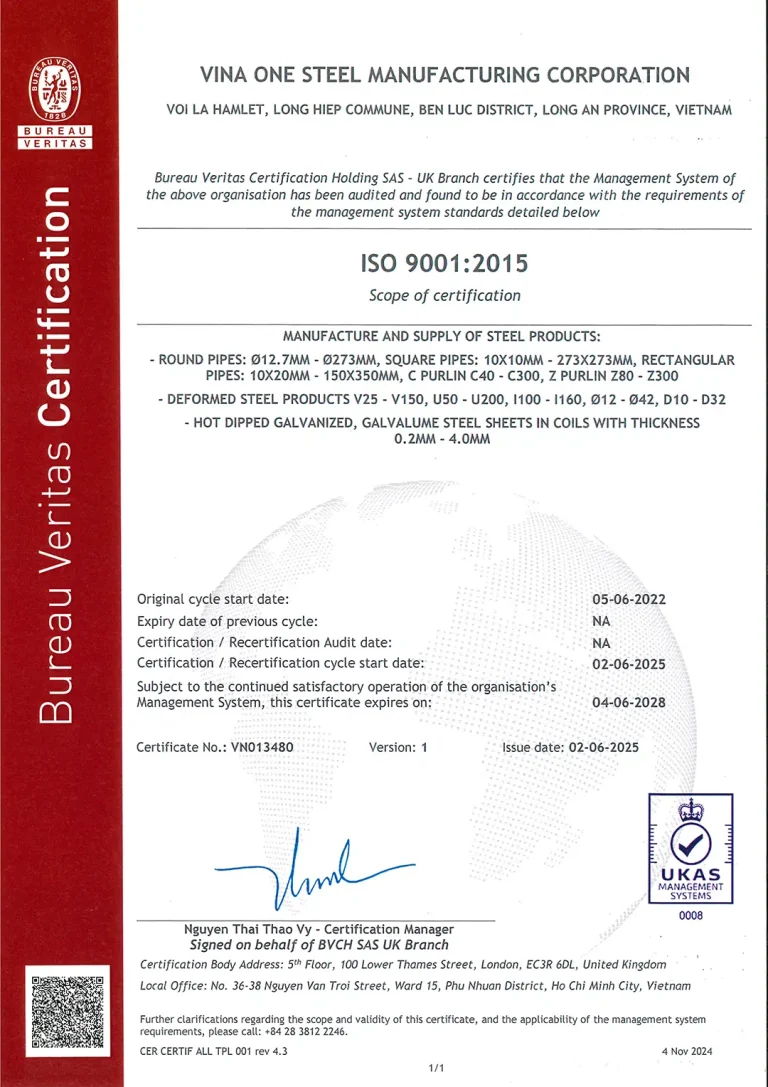 ISO 9001:2015 of Vina One Steel